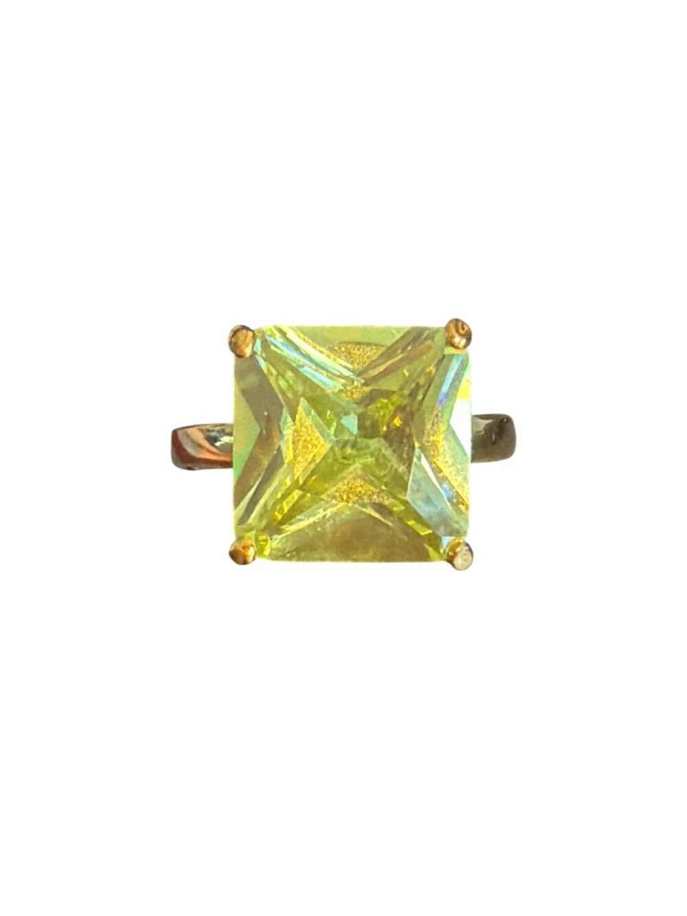 Gold Plate Square Tourmaline Statement Ring Prong Set Yellow Green Face .5" Sz 7